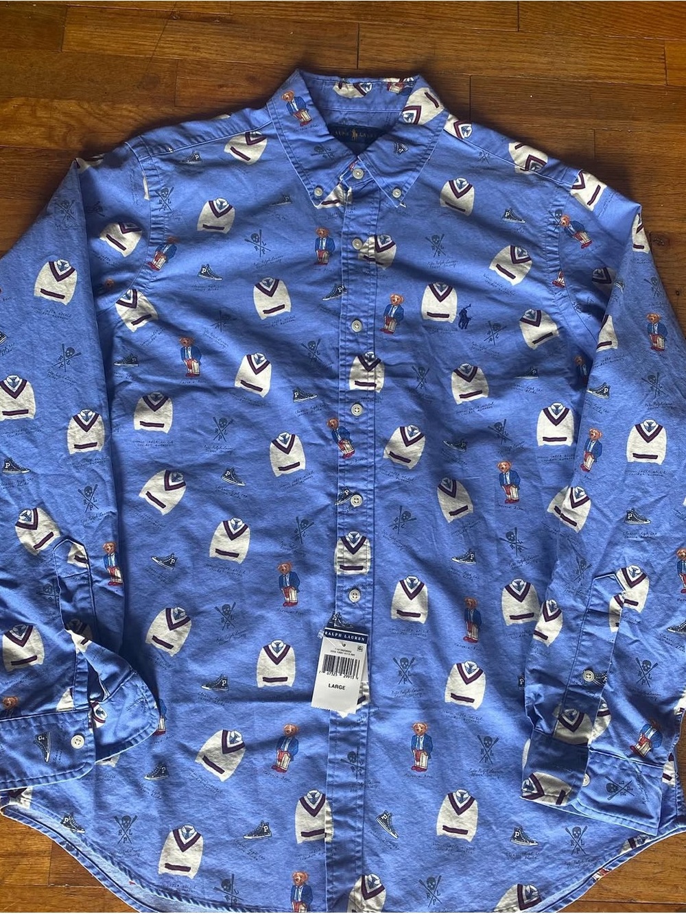 Polo by Ralph Lauren Blue Cardigan Bear Skull Printed Button-Down Shirt L Rare